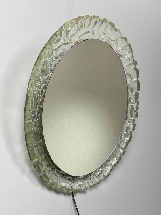 Image 1 of Large Mid-Century Backlit Sugar Glass Oval Mirror, Sculptural Illuminated Wall Mirror, Europe, 1960s–1970s