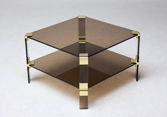 Image 1 of HOLLYWOOD REGENCY BRASS & SMOKED GLASS COFFEE TABLE CHIC TWO TIER END TABLE