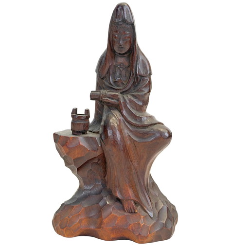 Kannon (Guanyin) Japonesa de Madera Hinoki Monolítica Tallada a Mano, Estilo Enku (14.2 cm)