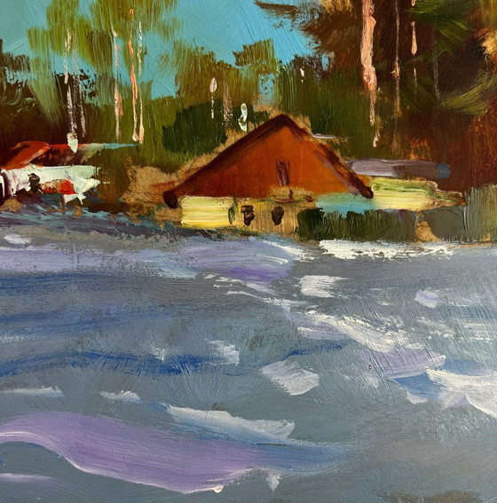 Image 1 of Original Oil Painting Frosty Houses Landscape Winter calm in the village