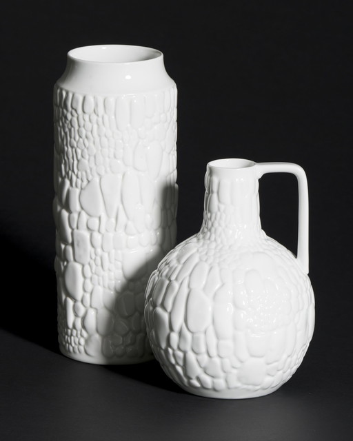 Manfred Frey AK Kaiser Glossy Porcelain Vase Fossil REPTILE Relief Op Art DUO