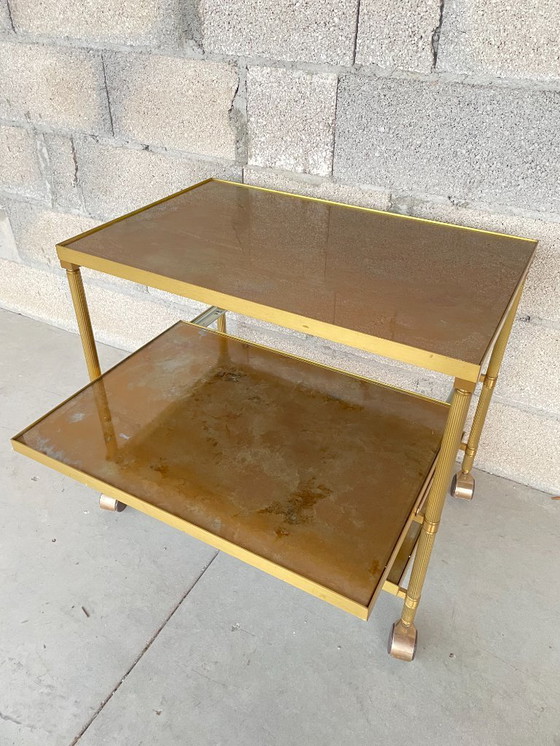 Image 1 of Vintage serving cart in gilded brass and glass on casters, 1960s-1970s