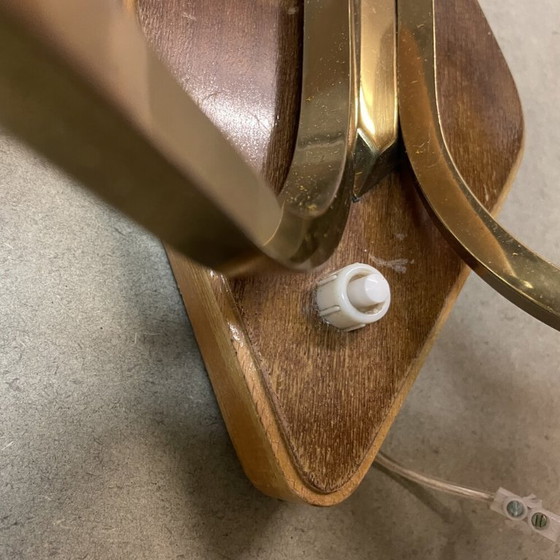 Image 1 of Vintage Mid Century Modern double opaline glass and wood wall sconce