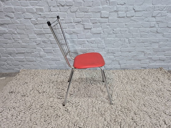 Image 1 of Set of 4 Vintage Design Kitchen Chairs with Metal Spindle Backs and Red Leatherette Seats, The Netherlands, 1960s