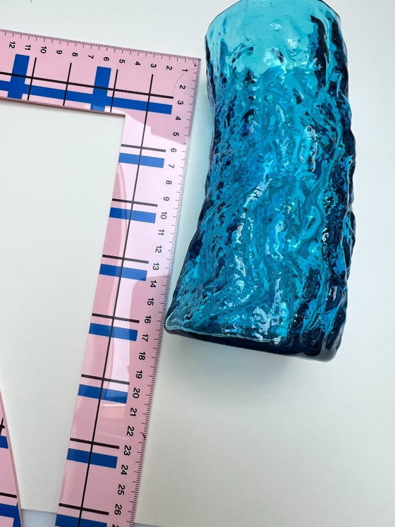 Image 1 of Vintage textured frosted glass vase, mid-century modern look, bark glass, Ingrid Whitefriars Bark turquoise blue