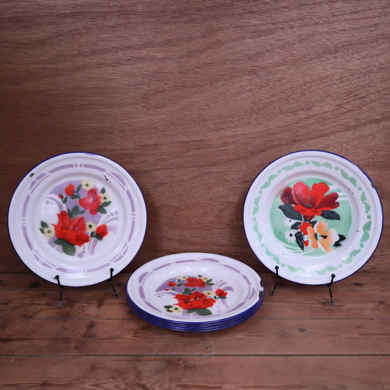 7 bedruckte florale Emaille-Teller "bon voyage" Made in China – Geschirr, Vintage (photo 12 of 12)