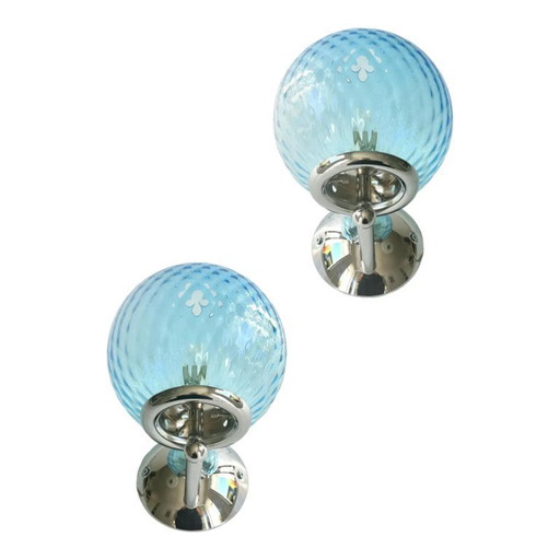 Sculpturale lichtblauwe "Ballotton" Murano glazen wandlampen — Set van twee