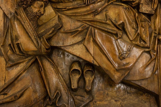 Image 1 of Retable rhénan, Dormition en bois sculpté en bas-relief, XIXe siècle