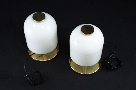 Image 1 of Pair of 1980s Italian Murano Lattimo Glass Mushroom Bedside Lamps
