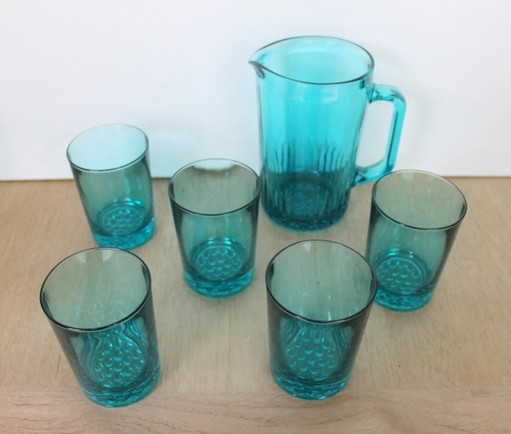 Ravenhead Hobnob turqoise drinking set, jug + glasses, original vintage '60