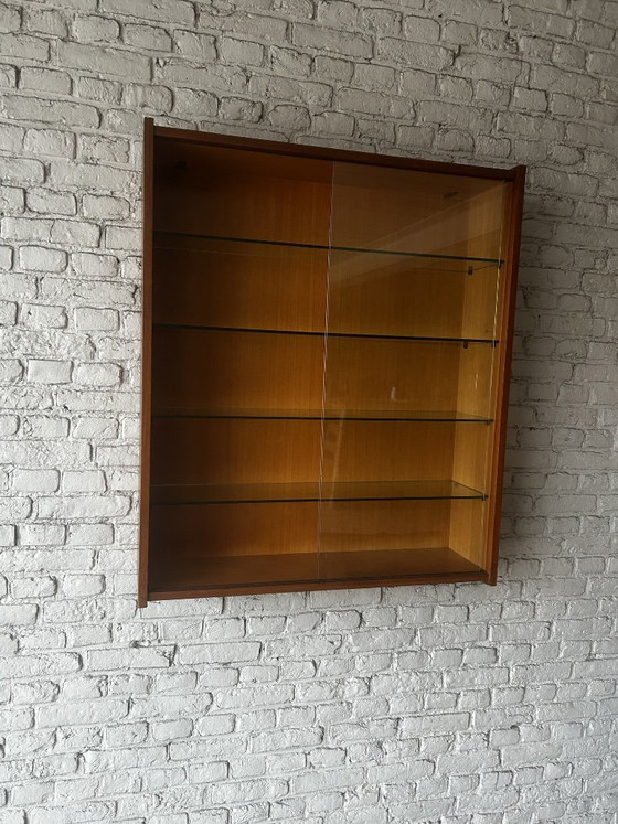 Wall display cabinet with glass sliding doors, brown wood, Mid Century Modern (photo 10 of 14)