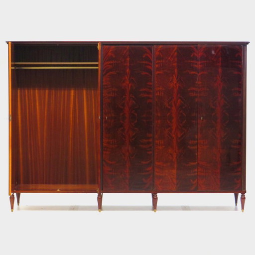 Large vintage mid century Art Deco 5-door wardrobe in flamed mahogany, 1920s
