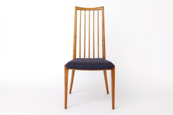 Image 1 of Pair of Vintage German Chairs by Ernst Martin Dettinger | 1970s | Refurbished Wooden Frames | Dark Purple Textile Upholstery