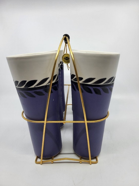 Erdecor Orangeade Basket and Cups, France, 1950, Set of 7, Tableware, Ceramic, Gold, Black (photo 3 of 11)
