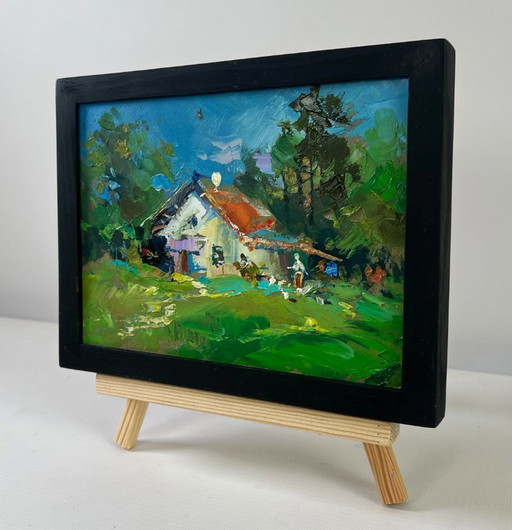 Original Oil Painting Rural House Landscape Quiet village life