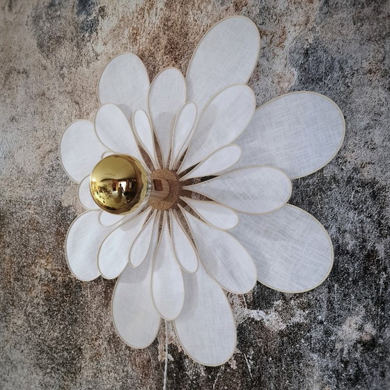 Image 1 of Flower wall lamp, Marguerite model, 24 petals in rattan and linen (choice of colors)