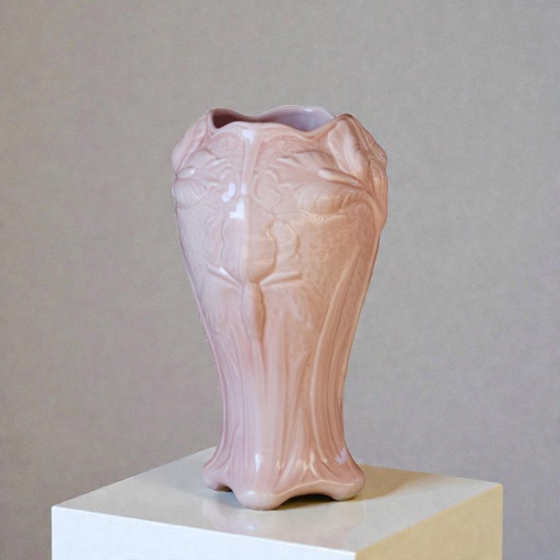 Grande vaso antico Art Nouveau in terracotta rosa, firmato Salins-les-Bains