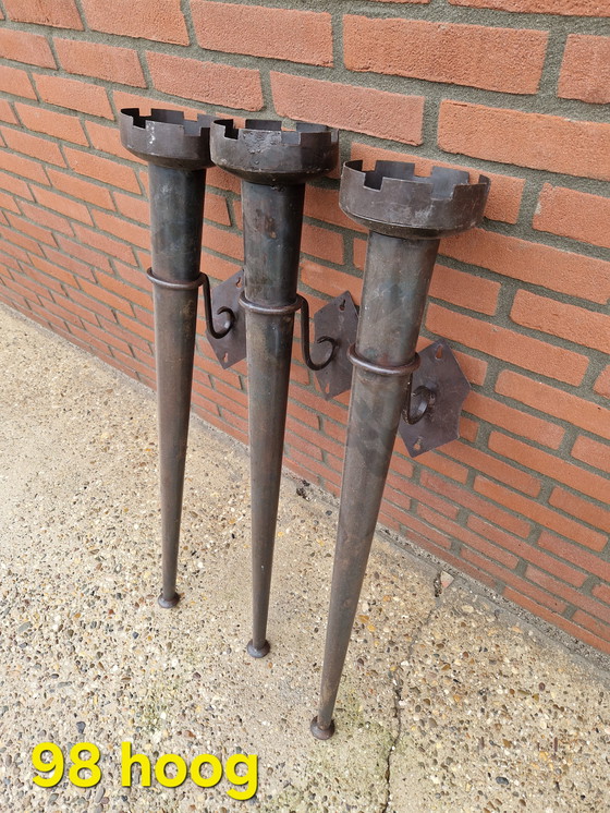 Image 1 of 3 large metal castle candlesticks set