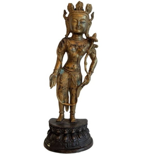 Antike tibetische Bronzefigur des stehenden Avalokiteshvara – 102 – beeldhouwkunst, Gold
