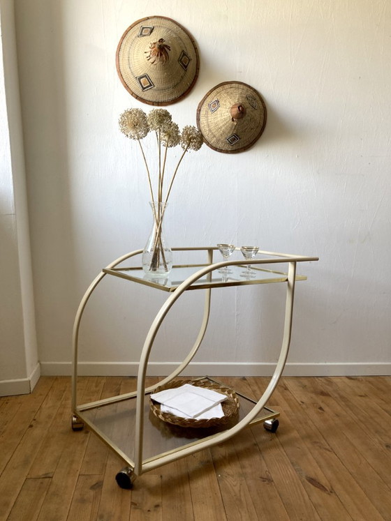 Vintage 1970s rolling serving cart in glass, cream metal and gold finish – Bar carts (photo 3 of 14)