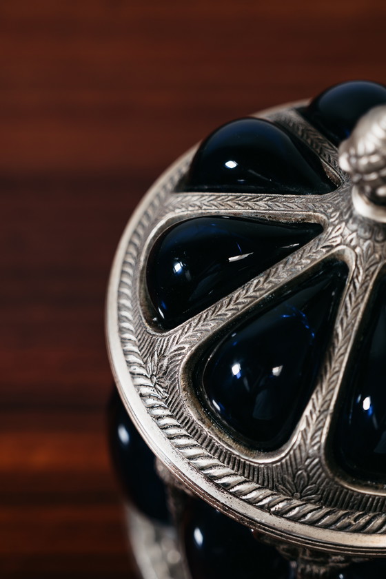 Image 1 of Grote blauwe serveerkan uit de Royal Sheffield Collection uit de jaren 1950, vintage pronkstuk.