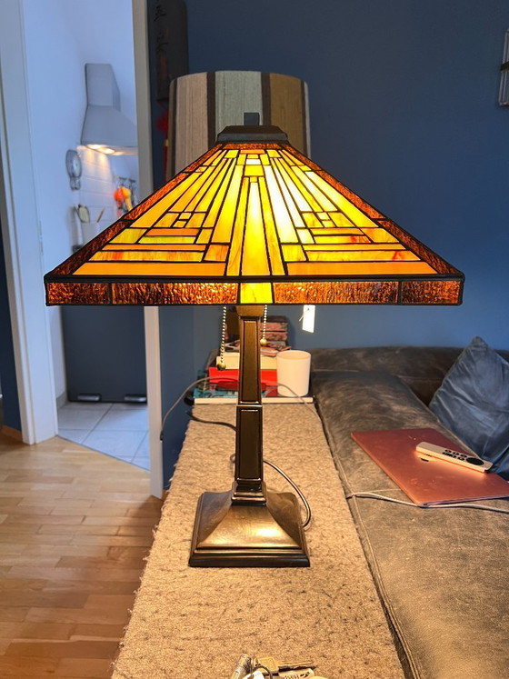 Image 1 of Large Tiffany Style Pyramid Art Deco Table Lamp, Library Lamp