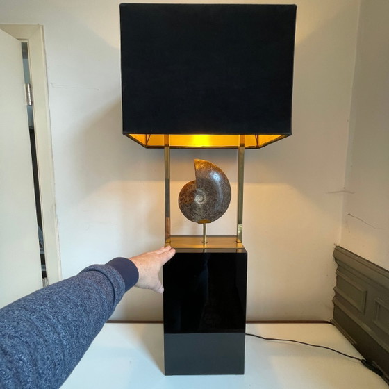 Lampe vintage Hollywood Regency Ammonite en laiton doré et bois laqué noir de Maison Jansen, 1970 (photo 2 of 19)