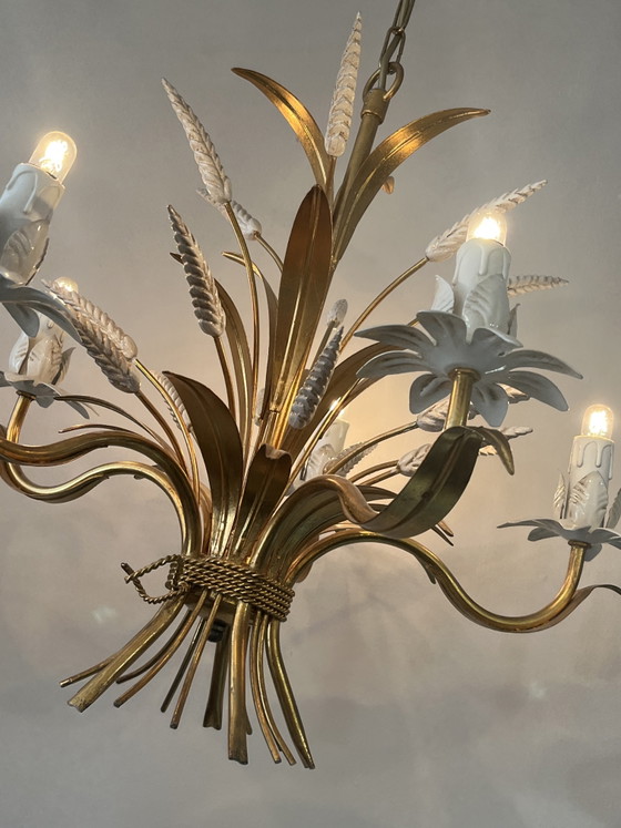 Image 1 of Vintage original design Hans Kögl chandelier pendant lamp gold wheat ears Coco Chanel style