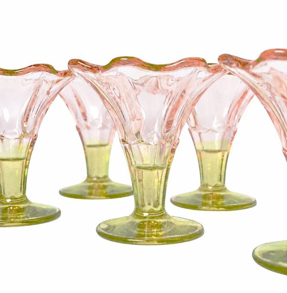 Image 1 of Vintage La Rochère France Set of 6 Pink & Green Tulip Champagne Coupes or Dessert Glasses / 1970's-1990's