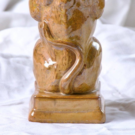 Image 1 of Jarrón/botella zoomorfo antiguo con forma de león en gres esmaltado, firmado por GPS