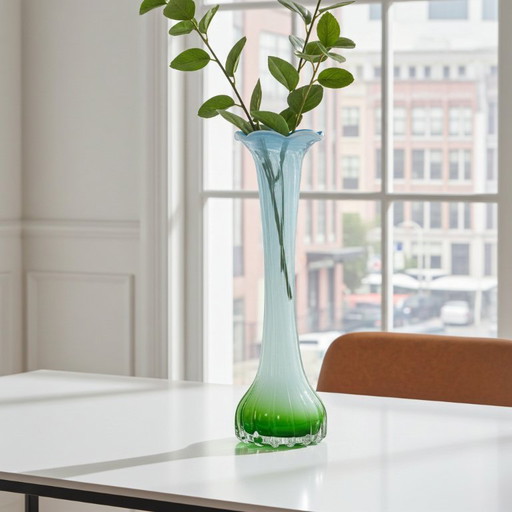 Vintage Handblown Glass Bud Vase – Blue, White & Green Ombre with Ruffled Rim