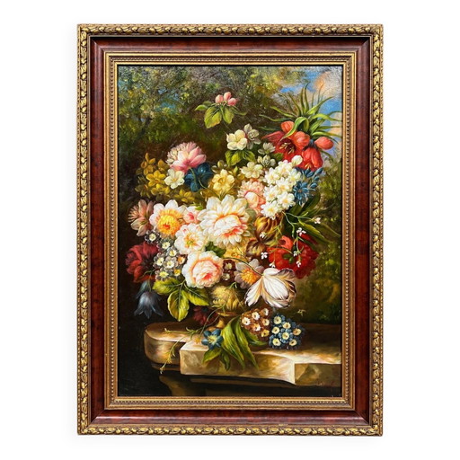 Signiertes Stillleben mit Blumen.
