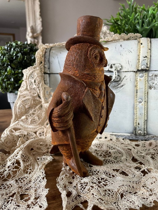 Grazioso gufo in ghisa con bastone da passeggio e cilindro - Spedizione gratuita