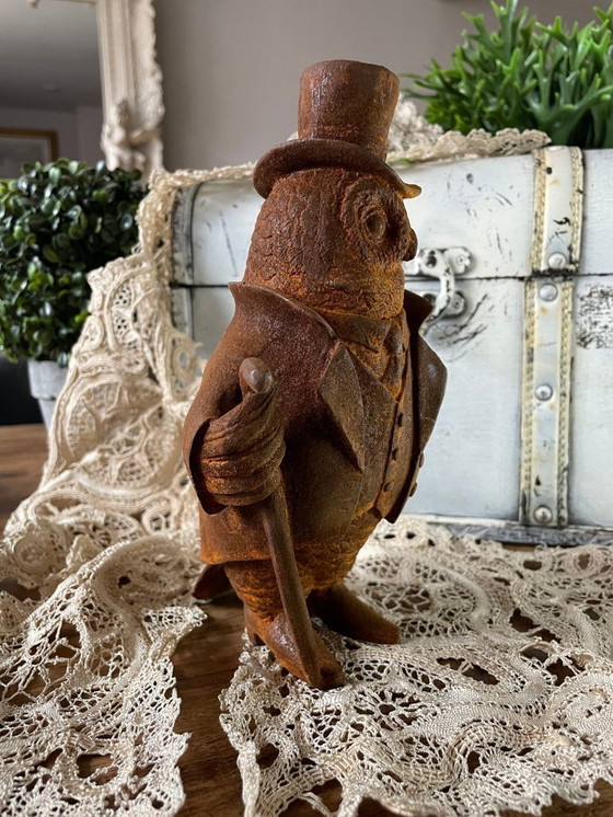 Image 1 of Grazioso gufo in ghisa con bastone da passeggio e cilindro - Spedizione gratuita