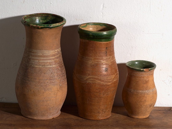 Lot de 3 Vases en Céramique Anciens, Europe Centrale, circa 1900, Vert (photo 5 sur 6)