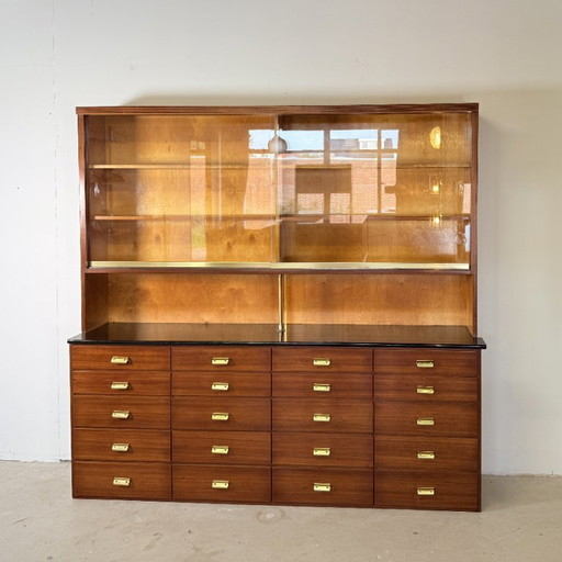 Vintage Duitse Apothekerskast In Mahonie | Mid-Century Modern – opbergkast, Glass, Wood