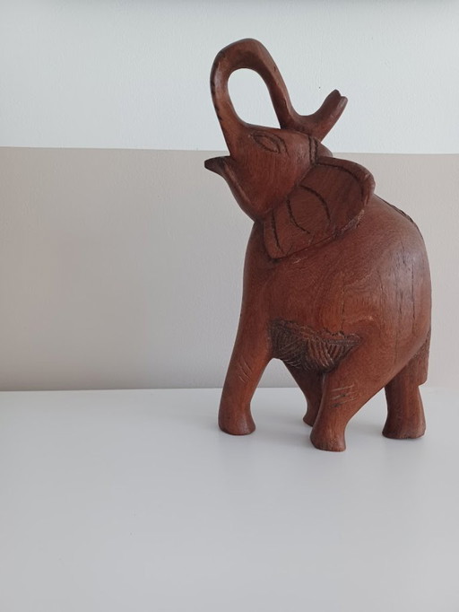 Eléphant vintage en bois sculpté à la main, solide, 35 cm