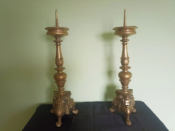 Image 1 of Eccezionale coppia di candelieri da altare barocchi, 72 cm!, ottone degno di un museo - ca. 1700