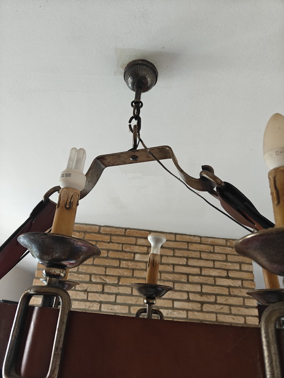 Image 1 of Lampadario francese con rivestimento in pelle, anni '50