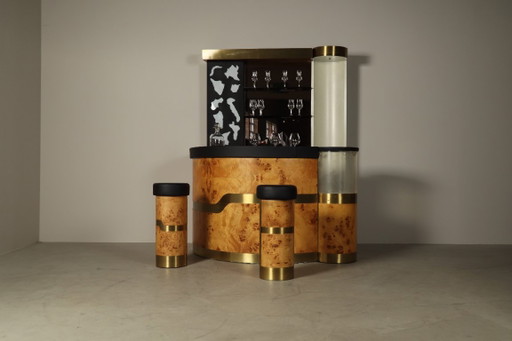 Meuble bar italien en loupe de bois avec dos illuminé et deux tabourets, années 1970