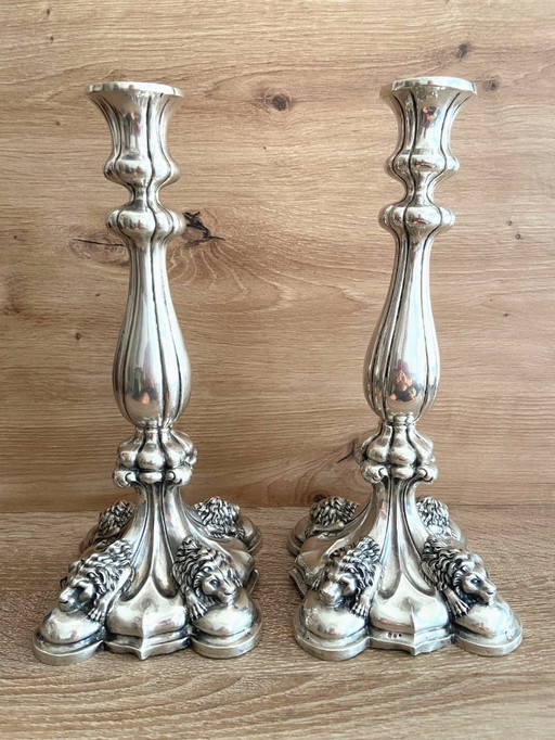 Antique Pair of Massive Silver Candleholders Unicorn Hallmark Early 19th century