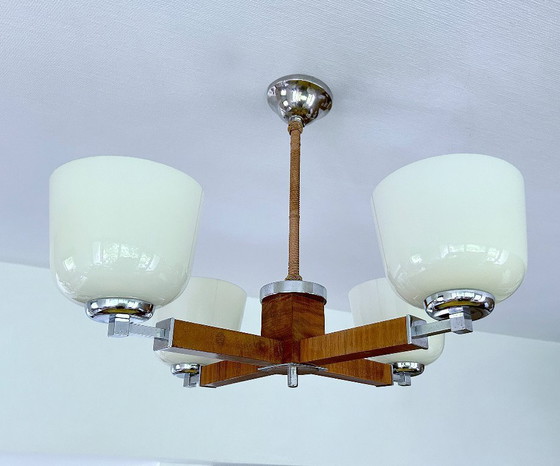Image 1 of Lampe pendante Art Déco en bois et verre chromé