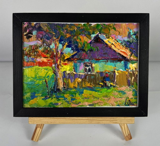 Peinture à l'huile originale, paysage champêtre, jardin d'été, maison au crépuscule