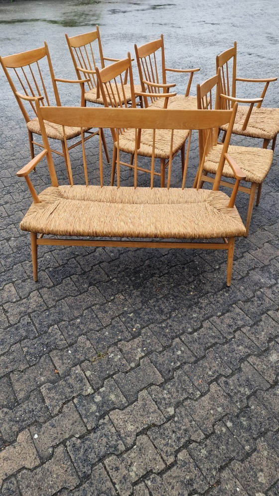 Image 1 of Juego de comedor de los años 50, madera de haya y caña – 6 sillas + banco, estilo Arno Lambrecht
