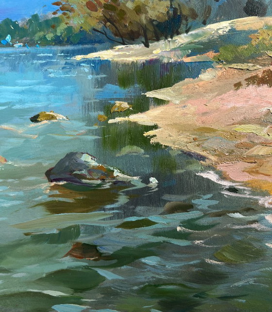 Image 1 of Pintura al óleo original Paisaje costero de verano Día de verano en la costa