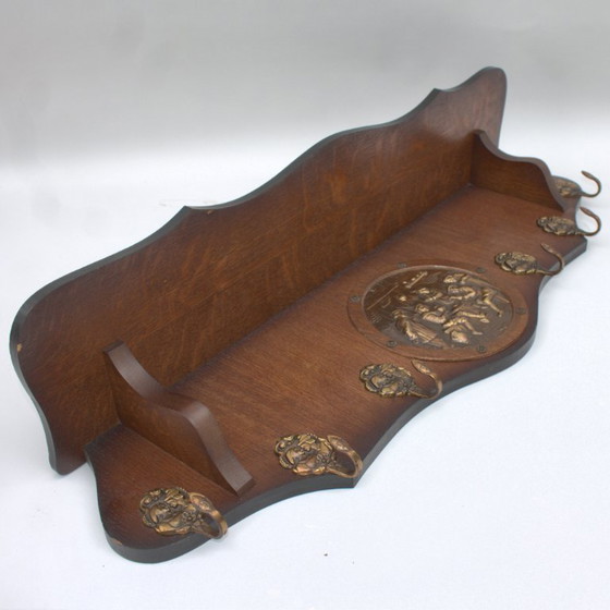 Image 1 of Vintage authentic antique coat rack with embossed scene, hat shelve clothing hanger hallway eye-catcher 32.68 inch 83 cm