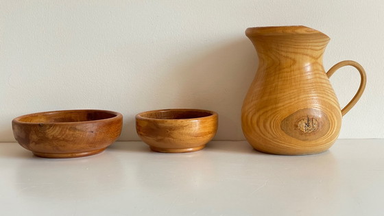 Image 1 of Set of 2 POTS and PICHET in VINTAGE Turned Wood