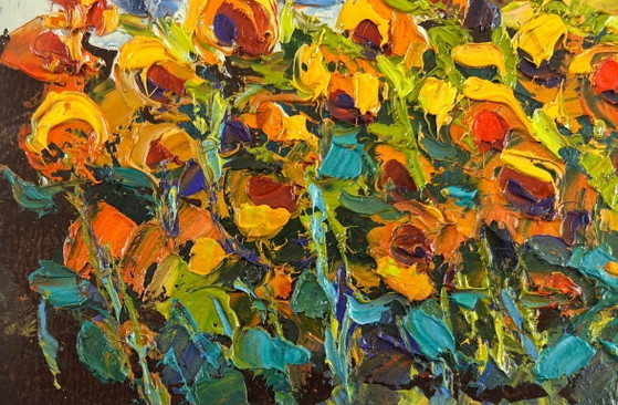 Image 1 of Original Oil Painting Village Flowers Landscape Yellow song of summer