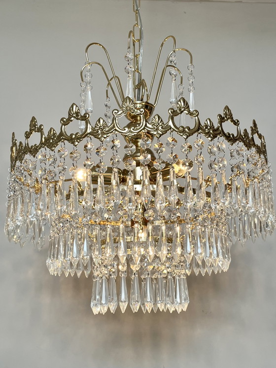 Image 1 of Set of 2 Vintage Italian crystal chandelier pendant lamps with icicle points