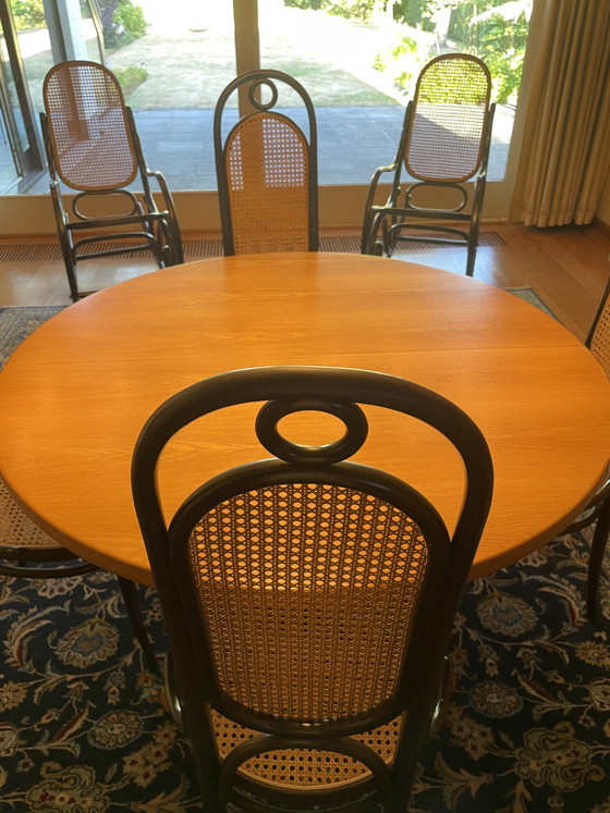 Unique THONET XL set: 10x vintage Thonet 'Long John' chairs + optional extendable dining table (photo 10 of 13)